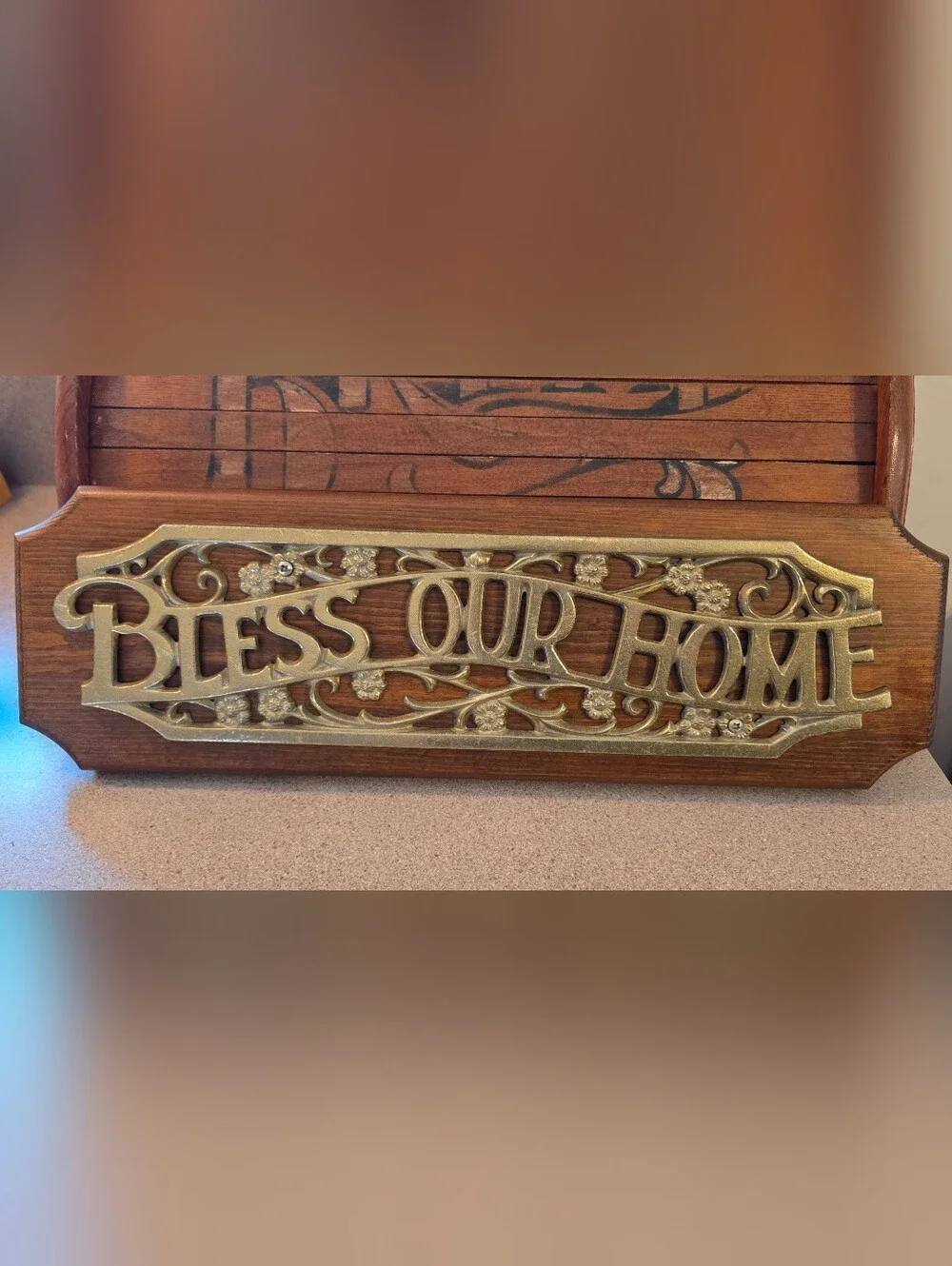 Vintage Bless Our Home Wall Sign with Gold Script on Wooden Plaque